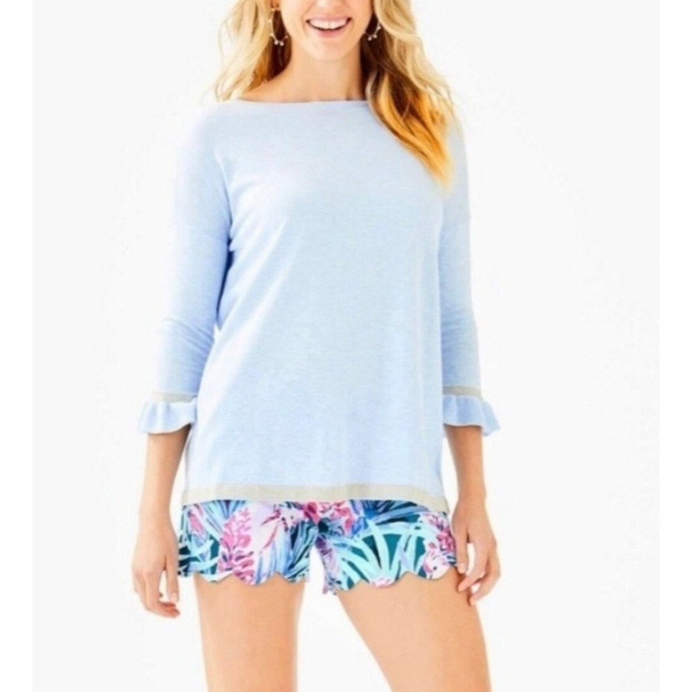 NWT LILLY PULITZER Charla Sweater Blue Relaxed Fit Ruffle Sleeve Womens Size S